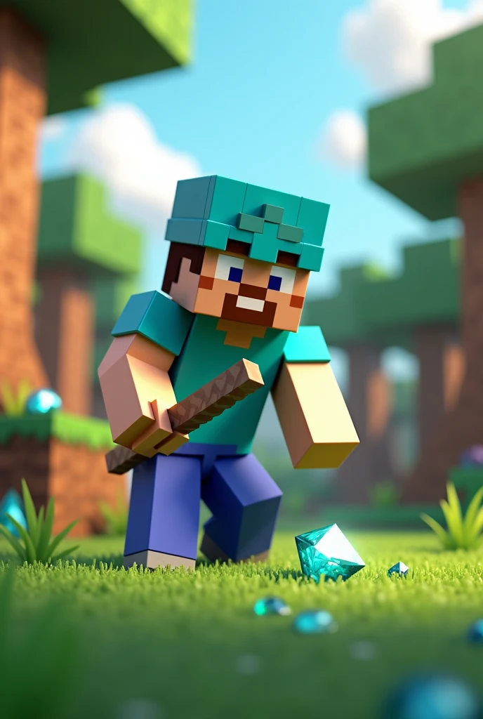 A 3d minecraft character picking up a diamond with a pickaxe in his hand