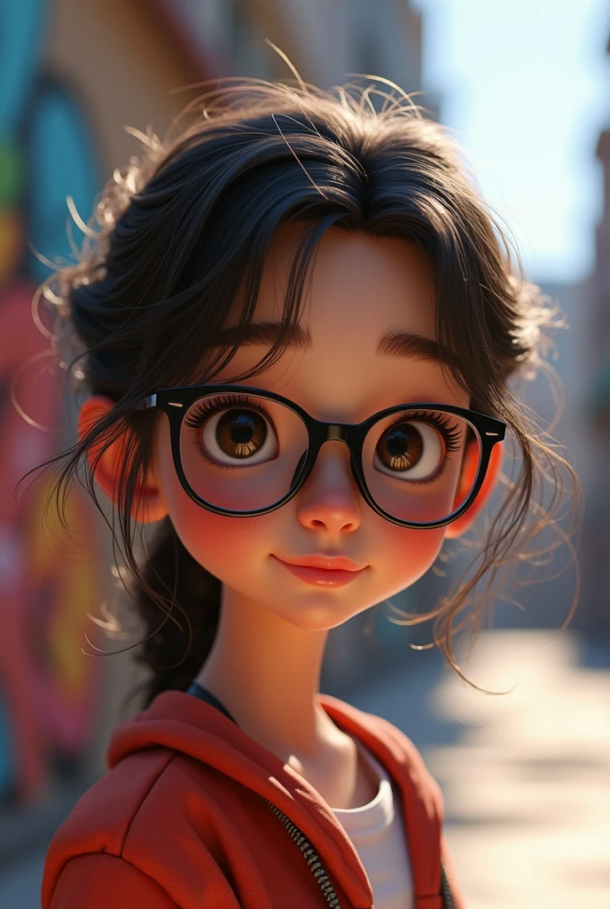 A teenage female with dark brown eyes, with broken hair, thick lips, high, thin and with a shy expression, put on oakley glasses,3d render