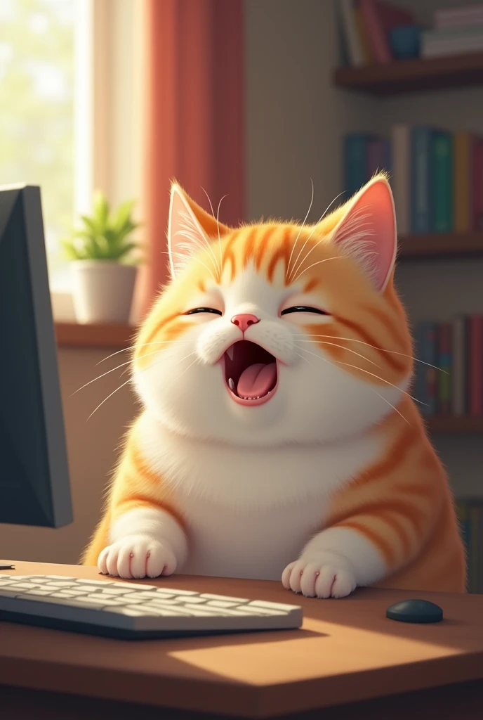 (of the highest quality,Extremely detailed representation,amazing high resolution),Cute kitty,circle々Fat cat,Deformed character,surprised expression,mouth wide open, studying in front of a computer