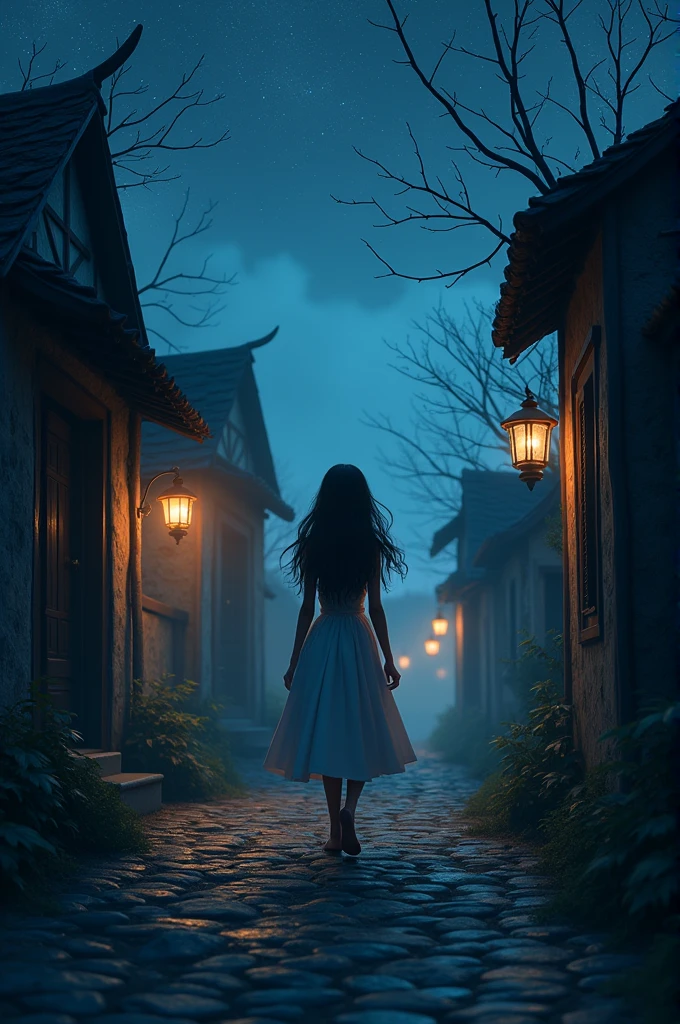 In 3d animation style "Radhika walking down a lonely village path at night, surrounded by shadows and dim lanterns" 