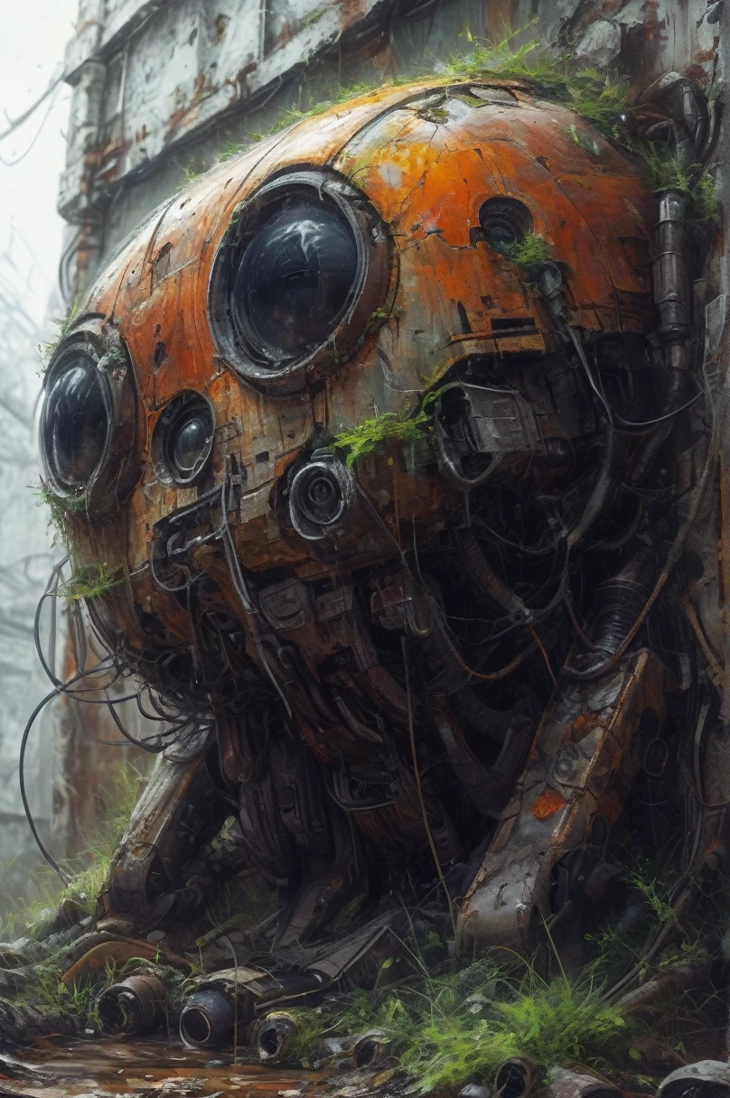 amazing quality, masterpiece, best quality, hyper detailed, ultra detailed,photo, winter, dark, dusk, an abandoned and broken wall-e, an overgrown , frame weathered and worn,rust stains and spots