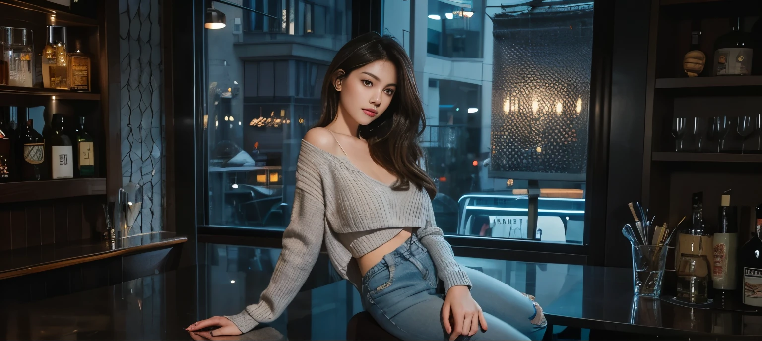 8k, best quality, realistic photos, realistic details, clear face, delicate facial features, real skin shine, a cute girl, shy, facing the camera, girl sitting in a bar in a gray fishnet sweater and tight denim, clear bar background, sea view, arms on bar counter, hips, slim body, big breasts, 24 years old, charming, seductive eyes