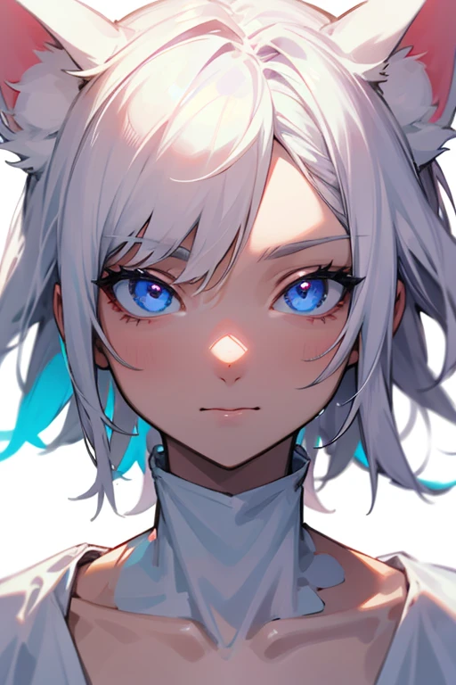 A white cat with different colored eyes, Squint your eyes, White shirt, Face close-up, clavicle, A crazy teenager