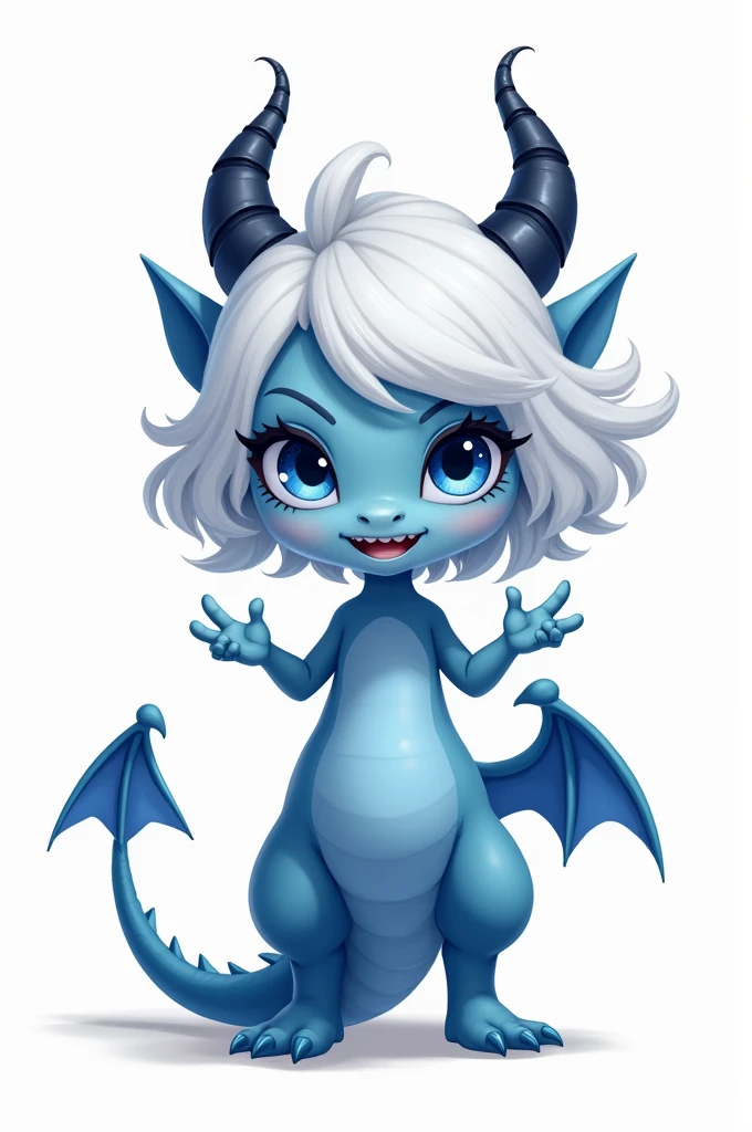 Generate an image of a draconic, but unlike the common she was born with more diluted dragon blood, so she has a more humanoid appearance. She has twisted horns and bluish skin, a very light blue, dark blue eyes and white hair. Her twisted horns are black. She isn't as big as a conventional draconic and is the size of a regular human girl, she has always been excluded by other draconics because of her very human appearance, her dragon features are not so prominent. She has a blue tail and small wings on her lower back that are too small to fly, the same color. Her hair has a middle part fringe. She wears simple clothes without much detail. This character loves nature very much and doesn't want to be judged as inferior. She's cute, proactive and a little in her decisions. The image should be 2d from the front and show the character's whole body, from head to toe because the image will be used in an RPG and it's important to have an idea of what the character looks like. Make her with an animated expression and the background of the image should be white. Her hair is wavy and very voluminous.