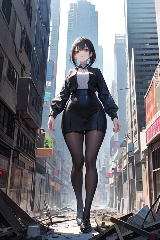 A girl bigger than the skyscrapers of the city Narrow roads The place she stepped on、Everything is destroyed. Looking my way. A girl bigger than any skyscraper in the city. A giantess.