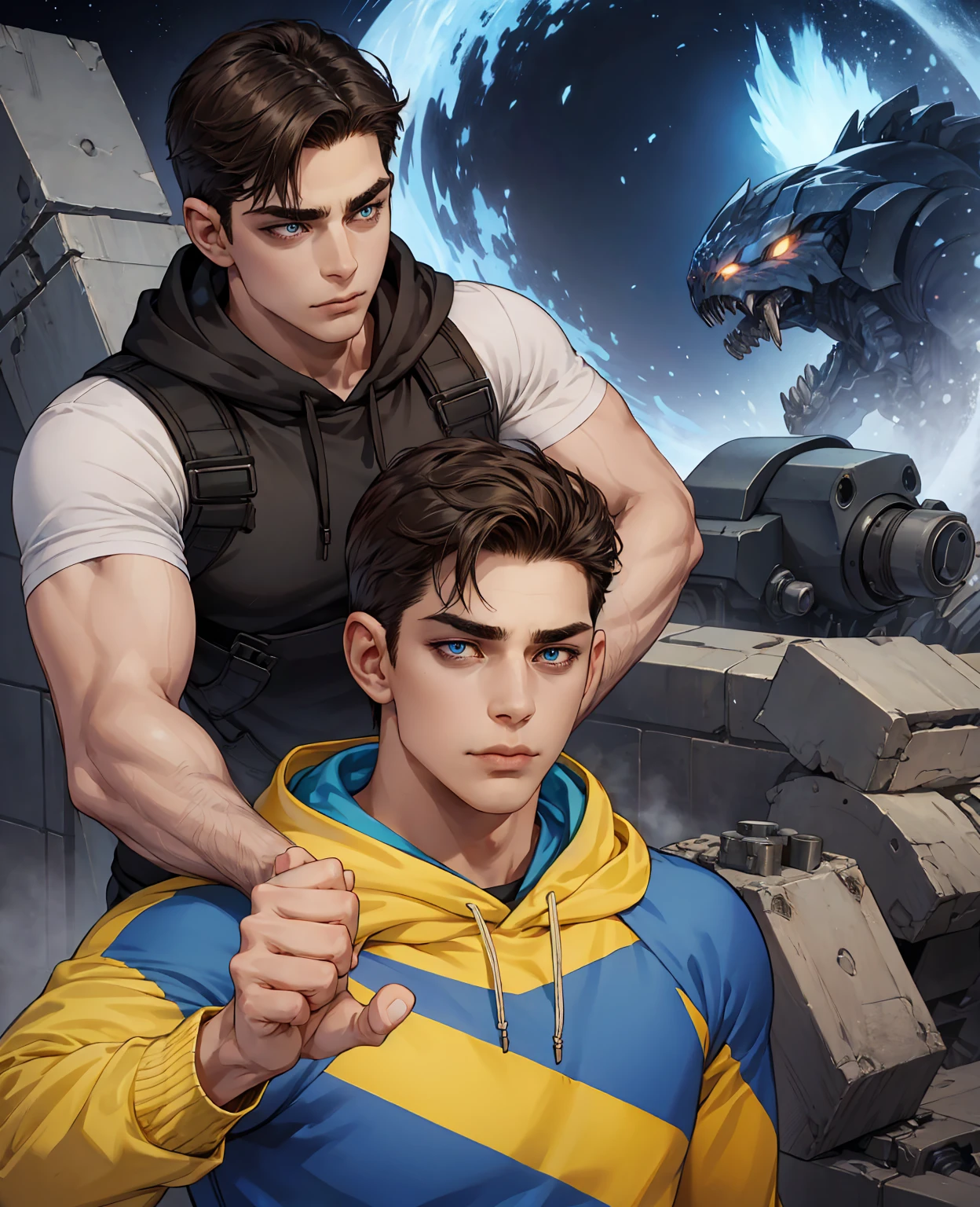 a young man with dark brown hair, blue eyes, and a medium build, clean-shaven face and short hair, wearing a black and yellow hoodie, giving him the appearance of a typical university student, frozen age, apocalypse