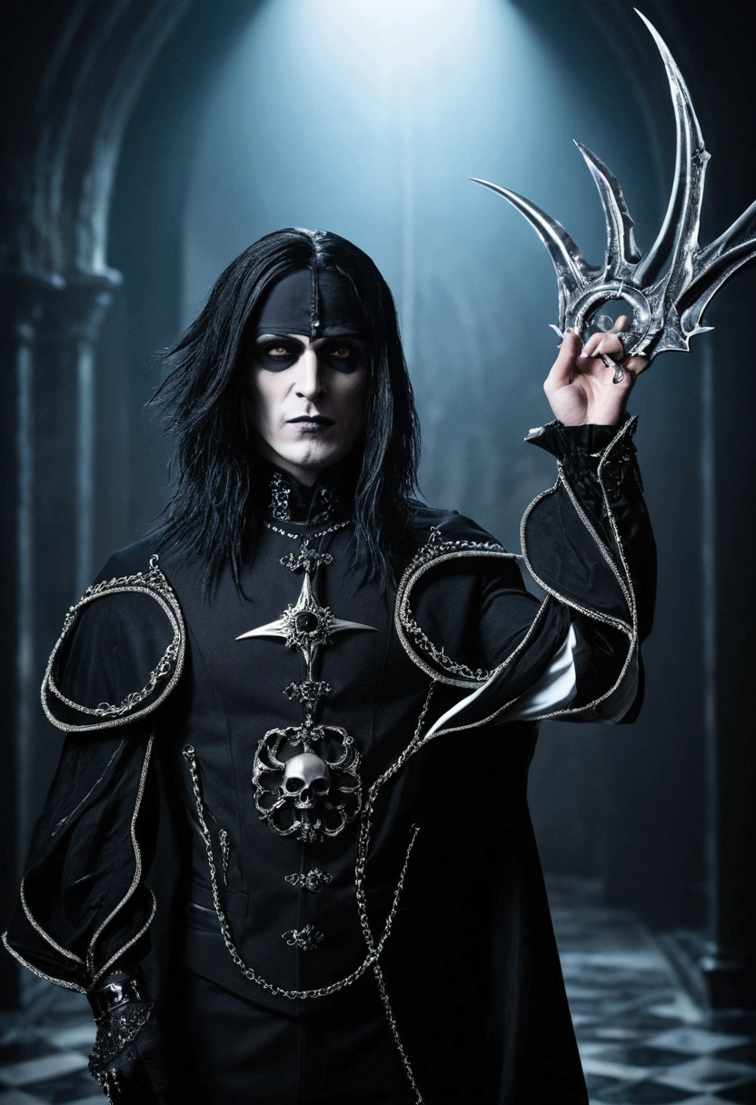 masterpiece, Best quality, masterpiece, Best quality, full body shot, gothic background, Create a striking piece of art featuring an edgy male villain., adorned with a dark and stylish ensemble, with sharp features, intense eyes, and command pose, exuding an aura of malice and mystery, which fascinates and frightens viewers, phenomenal aesthetics, luxurious work of art,