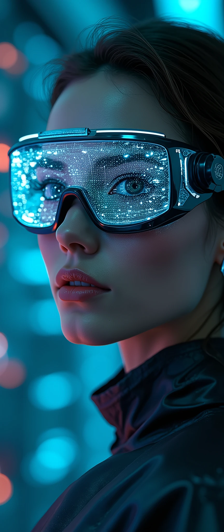 (masterpiece:1.2,Distinguished Quality,Mirror-like,Cinematic Experienc),8k,wallpaper,Ray Tracing,(woman),Are standing,(美しいwoman),(Wearing futuristic cyber goggles:2.0,Data displayed on goggles:2.0,Detailed drawing of goggles:2.0),(A face with attention to detail,Detailed skin texture,Beautiful Skin),(Looking into the camera),(front),(Face close-up:2.0),(Server puncture:2.0),(The background is a wall of particle data.:2.0)