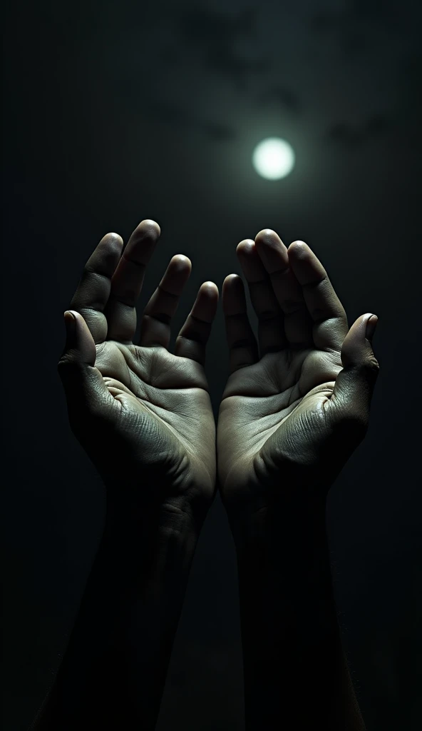 a close-up of human hands sticking out in a dark night, detailed hands,long fingers,veiny hands,old wrinkled skin,chipped nails,dramatic lighting,high contrast,moody atmosphere,(best quality,4k,8k,highres,masterpiece:1.2),ultra-detailed,(realistic,photorealistic,photo-realistic:1.37),chiaroscuro,cinematic,dramatic lighting,heavy shadows,dark moody night