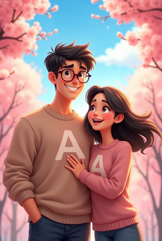 An animated image of a happy young couple in love, the handsome, robust man who is tall, with glasses, dark and short hair, piel clara y with a sweater that says "A", and the thin woman with dark hair, medium height and fair skin, with a sweater that says "A".