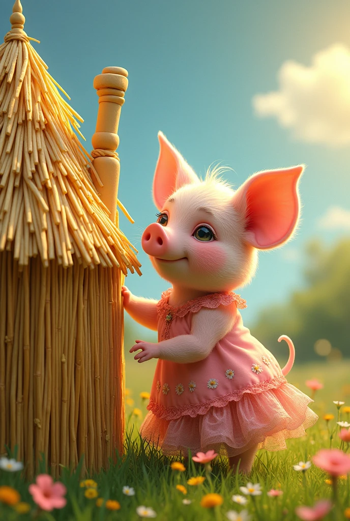 (animation:1.2), good looking cute small pig wearing pink frock is constructing a small house made of straws by Greg Rutkowski, by Alphonse Mucha