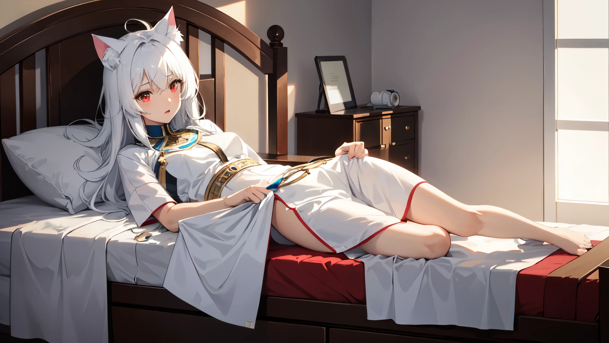 ((Highest quality)), ((Masterpiece)), (details), 1 female cat ear,red eyes,tan skin,white hair, Celtic costume,Egypt,hospital,Patient bed,Wake up from unconsciousness,still remain,