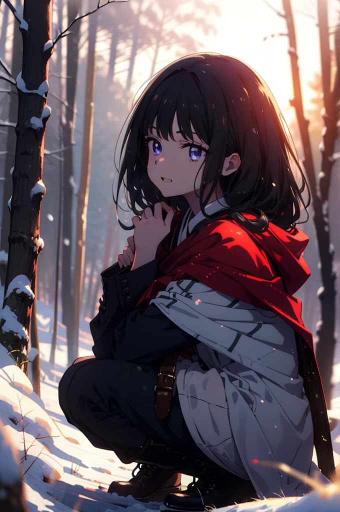 Takiuchi, Inoue Check, Long Hair, bangs, Black Hair, (Purple eyes:1.2),smile,
Open your mouth,snow, fire, Outdoor, boots, snowing, From the side, wood, suitcase, Cape, Blurred, forest, nature, Squat, Cape, winter, Written boundary depth, Black shoes, red Cape break looking at viewer, Upper Body, whole body, break Outdoor, forest, nature, break (masterpiece:1.2), Highest quality, High resolution, unity 8k wallpaper, (shape:0.8), (Beautiful and beautiful eyes:1.6), Highly detailed face, Perfect lighting, Highly detailed CG, (Perfect hands, Perfect Anatomy),