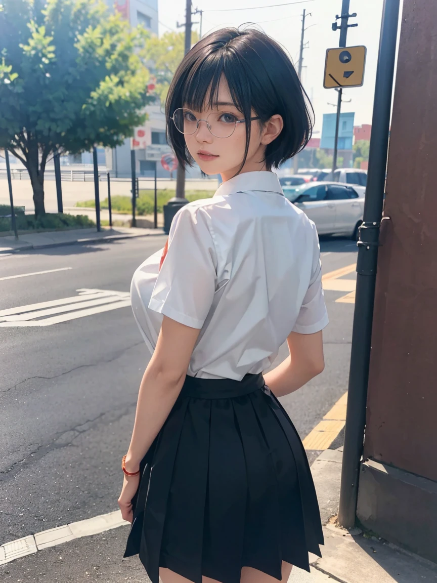 8k, RAW Photos, Highest quality, masterpiece, Realistic, Realistic, (1 Ultimate beauty), high school girlの制服,(Strictly adhere to a composition where only one person appears in the photo)、(On the way to school)(Wear rimless glasses)((high school girl))(((Shirt and flare skirt)))Highly detailed face, (Perfect Teeth), fine grain, double eyelid, eyelash, Lip details, (((Black short bob hair), (((Very large breasts)))Big Breasts,(((Accentuate your cleavage)))(((Random pose)))(((Emphasize the flesh of your buttocks)))((Sexy pose))Cowboy Shot,  Soft Light, ((Written boundary depth)) 
Proceed with caution，((,Japanese women)), (((moderately fleshy body, Tight waist))), (((Rear View, Realistic))Rear View