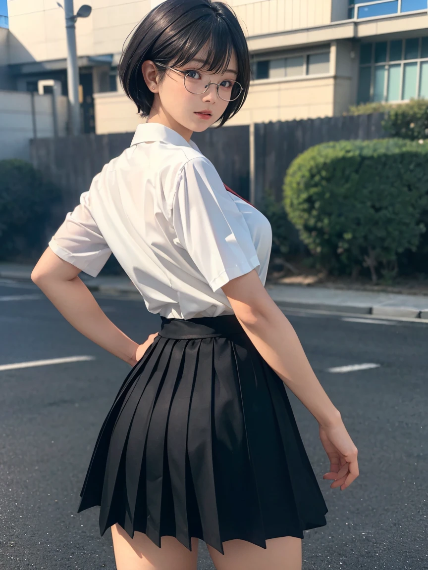 8k, RAW Photos, Highest quality, masterpiece, Realistic, Realistic, (1 Ultimate beauty), high school girlの制服,(Strictly adhere to a composition where only one person appears in the photo)、(On the way to school)(Wear rimless glasses)((high school girl))(((Shirt and flare skirt)))Highly detailed face, (Perfect Teeth), fine grain, double eyelid, eyelash, Lip details, (((Black short bob hair), (((Very large breasts)))Big Breasts,(((Accentuate your cleavage)))(((Random pose)))(((Emphasize the flesh of your buttocks)))((Sexy pose))Cowboy Shot, Soft Light, ((Written boundary depth))
Proceed with caution,((,Japanese women)), (((moderately fleshy body, Tight waist))), (((Rear View, Realistic))Rear View