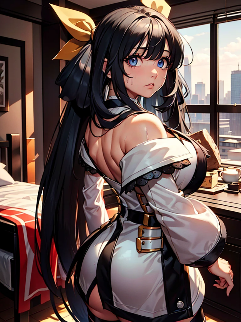 (​masterpiece、top-quality、hight resolution、Unity 8k、extremely details CG:1,Best Picture), nakoruru, (((black hair, Steel Blue eyes, small breasts))), A woman is extremely nervous, with a tense expression on her face. Her eyes are slightly widened, and her brows are furrowed, showing the stress of the moment. Her mouth is pressed into a thin line, or she might be biting her lip slightly. She looks like an ordinary employee suddenly thrust into a high-pressure situation, like having to debate with top executives. Her body language is rigid, and she might be clutching her hands together or fidgeting subtly. The overall atmosphere is one of intense anxiety and pressure. yellow hair ribbon, detached sleeves, underwear, thighhighs, thigh strap, choker, belt, tail, tail ornament, bare shoulders, navel, hotel room, sweat, A woman dressed in a cosplay outfit suddenly realizes it is more revealing than she expected