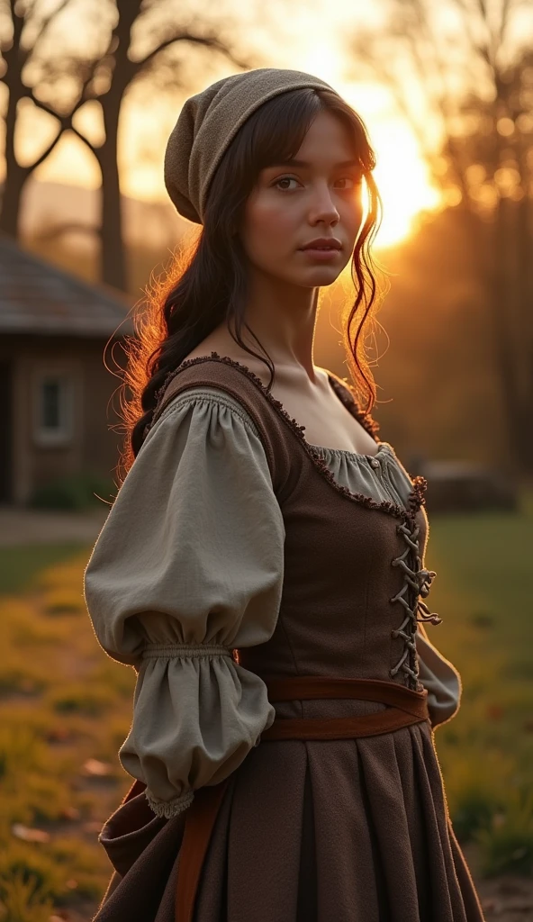 Gorgeous and sultry busty athletic (thin) brunette peasant with sharp facial features wearing a modest updo, medieval hair cover, rough-spun grey and brown medieval dress, long sleeves, wide neck, long dress, tight bodice, corset, Middle Ages, cottage, farm, exterior, trees, countryside, evening, sunset.