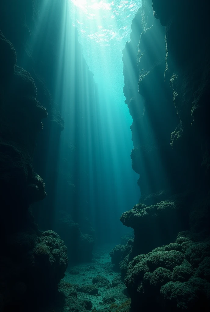 The camera dives deeper into the ocean, where it's almost completely dark, except for the occasional glow of sunbeams