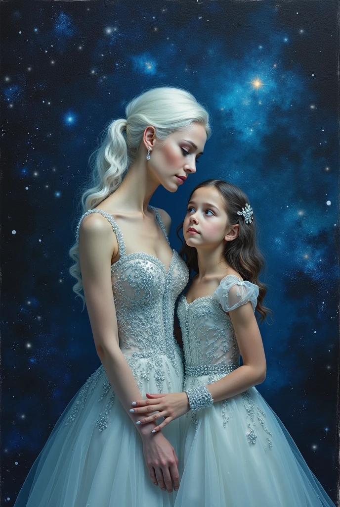 Uma capa de livro com um fundo dramático em tons de preto, azul e roxo com varias galaxias difundidas em uma nebulosa dando um ar de mistério. A frente do fundo esta uma mulher branca, incrivelmente pálida, com cabelos brancos e olhos azuis. Ela esta vestindo um vestido delicado branco com diamante azuis. Ela esta virada para frente, apoiando suas mãos no ombro de sua filha, também uma mulher, pálida de olhos azuis porém com cabelos negros e vestindo uma armadura celestial preta roxeada com o olhar sombrio e determinado.