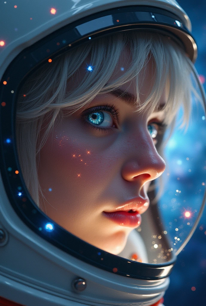 (Close-up of a better masterpiece:1.5)0.9], (Space and astronauts:1.2) (Messy silver hair:1.1) (Heterochromia xanthochromia and blue eyes:1.2) (Space Helmet:1.0) (Colored stars in the eyes:1.0) (A radiant glow:1.1) (thick lips:0.9)