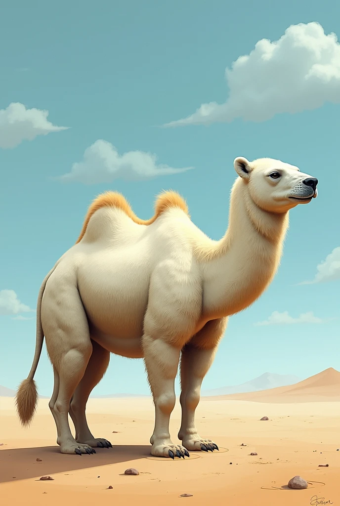  2 D view seen from the side an animal with the left one is half of a camel's back leg and tail part and the right side is half of the polar bear's head  and front legs part 