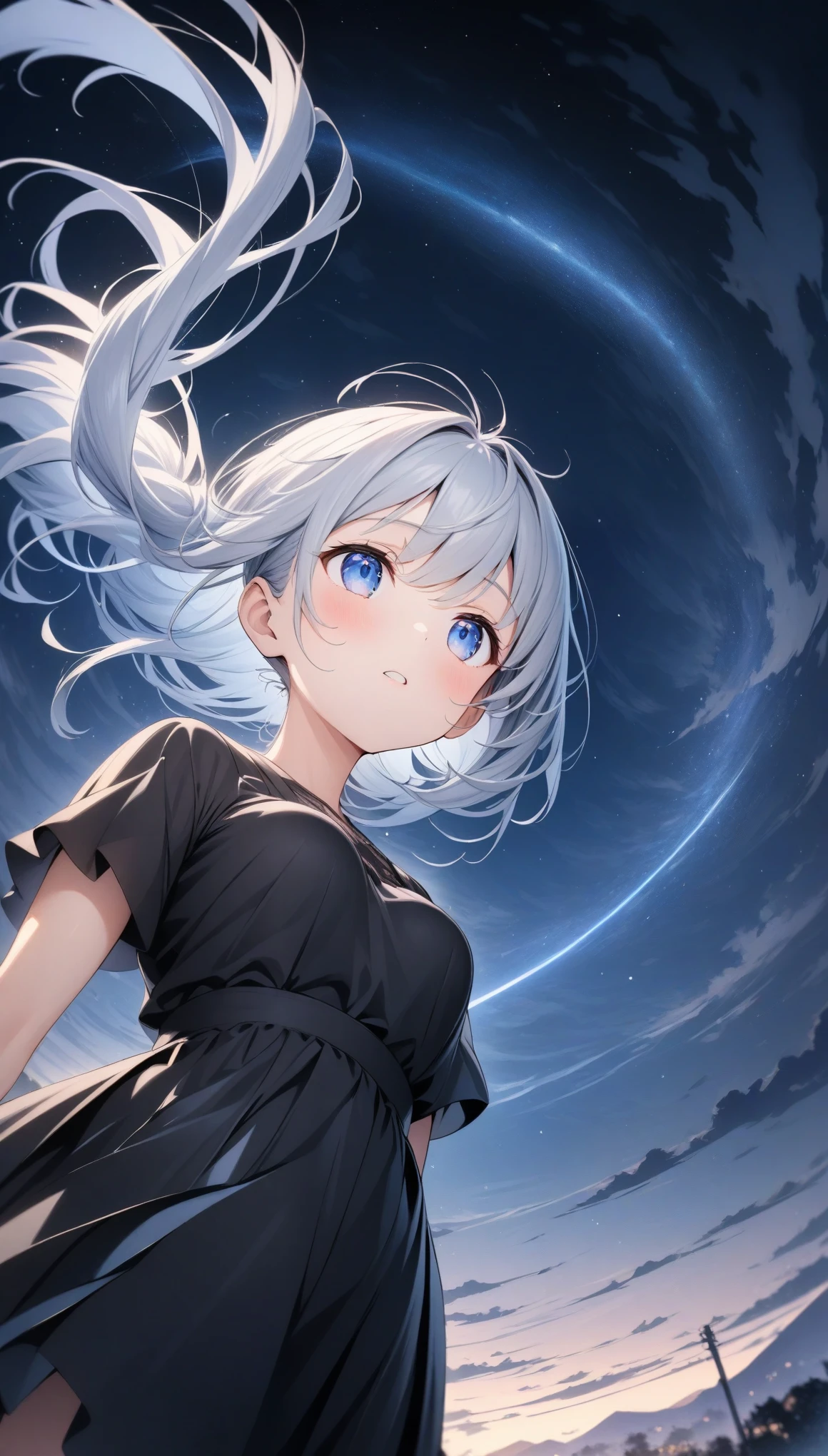 ((style:Colored pencil,pale colour)),(anime)、(masterpiece:1.2),Atmospheric perspective,Lens flare、Night Country、cute、Hair blowing in the wind、((A simple black dress))、Starry night sky、Moonlight pours down from above、Very mysterious、Light effects、、Gray and white gradient hair color、Side Ponytail、blue eyes、((A work that visualizes the wind))、Looking up from below