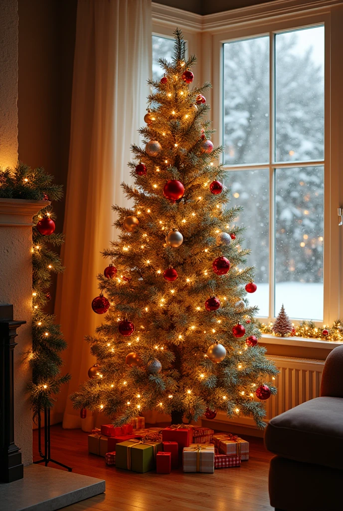 Make a Christmas tree with a window in the background