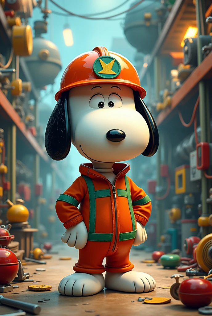 Snoopy cartoon version with industrial maintenance suit with green stripes