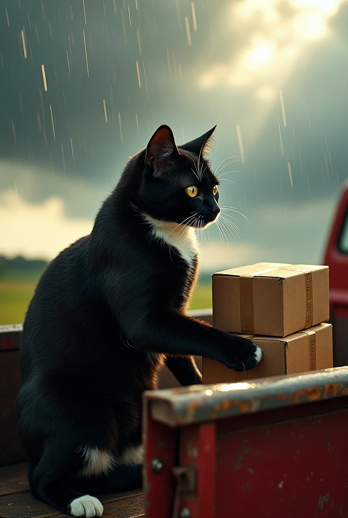 Create a black cat with white, very strong, loading a truck in the rain and sun