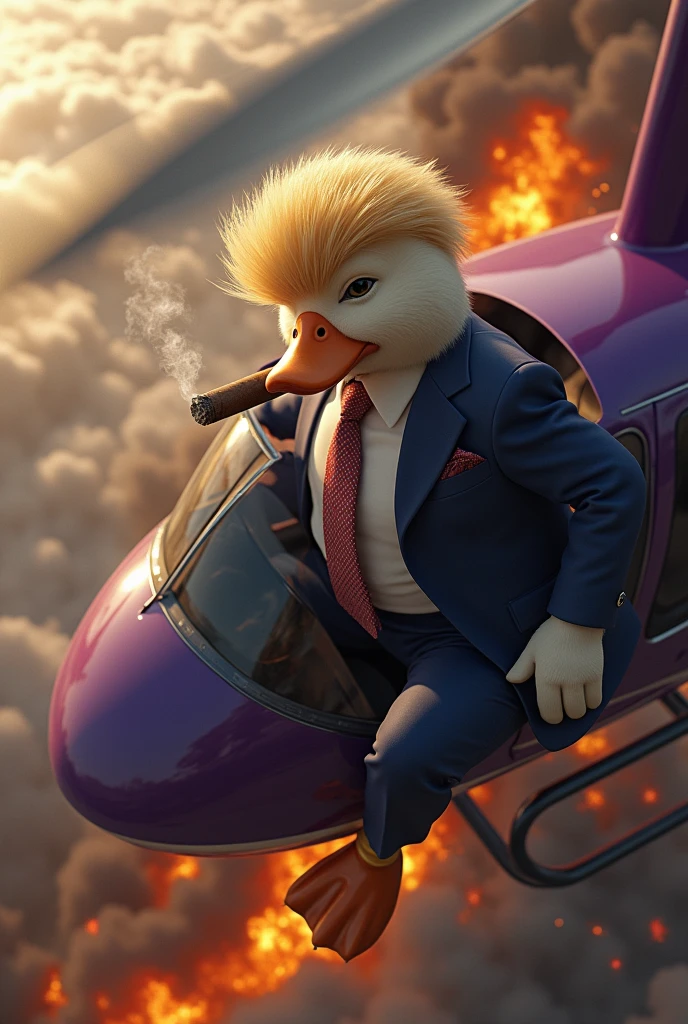 Mafia soft fur skin duck with hairstyle of donald trump wearing suit and pant smoking cigar sitting on the side of a open door purple helicopter flying in the air, battlefield backgrond, fire everywhere