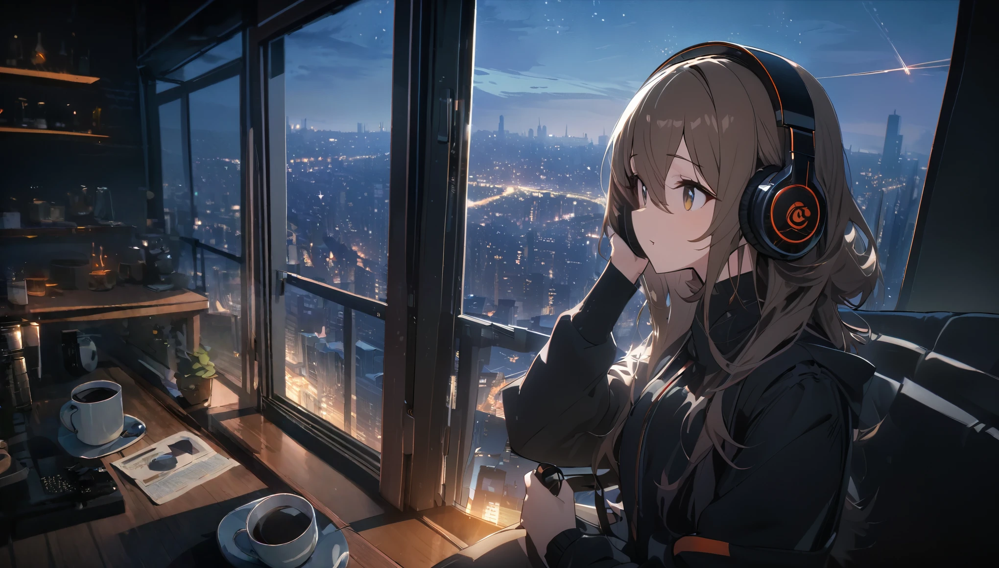 Ultra-high resolution, 8k, (masterpiece, mysterious:1.2), Works by Makoto Shinkaisei, Lo-fi feeling, Perfect human body engineering, 1 female, mysteriousな瞳, Her charm is her beautiful eyes, Shiny brown hair, Listening to music through headphones, Looking out the window, Room with musical instruments, city view from the window, impressive cityscape, Night Sky, meteor, Wide-angle, Coffee in a mug,