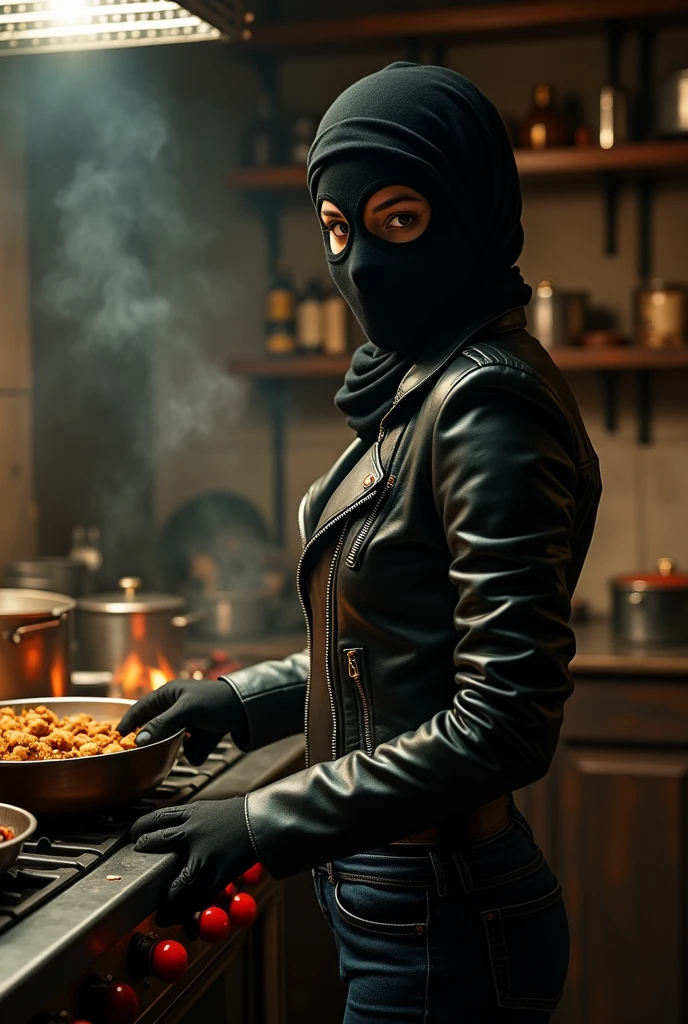 completely hidden face misterious white arabic woman wearing 2 eye holes black ski mask covering mouth and nose, without hair, black biker leather jacket, rolled up sleeves, wide leg denim pants, cooking