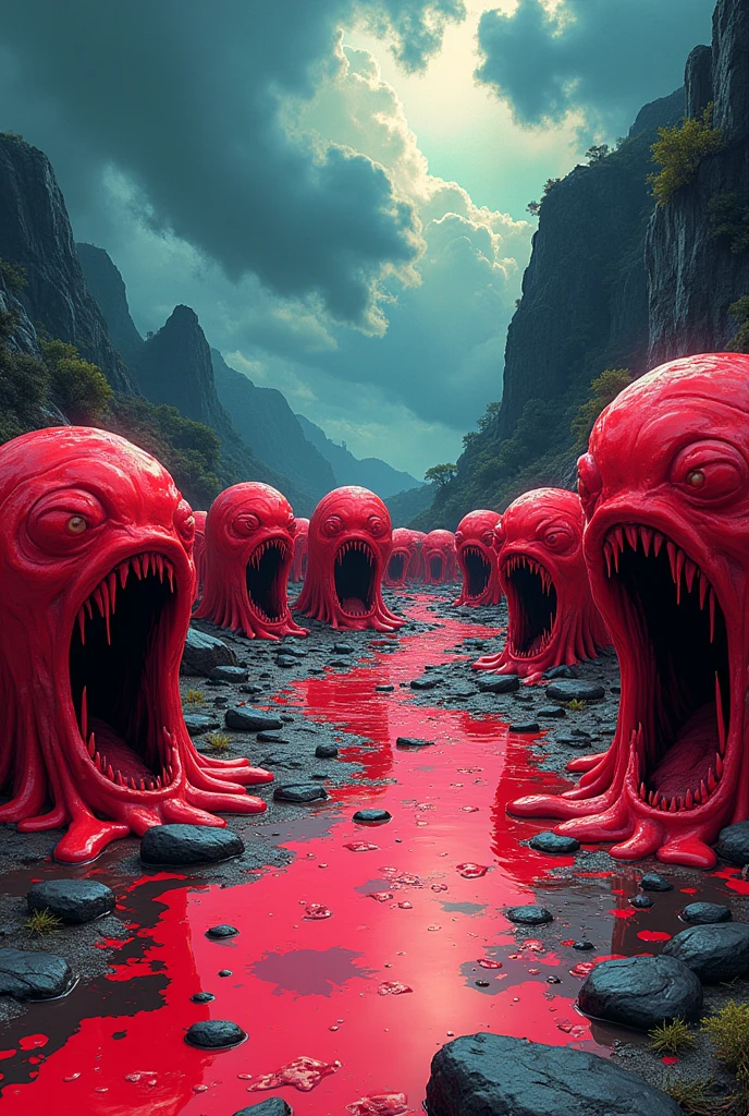 Lots of red slime looking creature with teeth without eyes and dripping with paint invading Earth