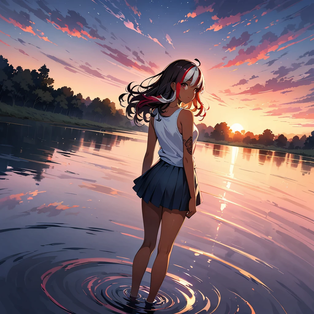 official art, unified 8k wallpaper, super detailed, masterpiece, Best image quality，super wide angle，evening，(one girl is standing), (standing far away:1.7), girl、(25-years-old:1.6), (slim:1.2), tall, medium wave hair, ((red and white (streaked hair:1.6)), highlights hair: 1.5, red eyes, medium breast, (tan skin:1.1), (Floral Fineline tattoo design on left arm:1),tank top, mini skirt, Bright colors、Beautiful fine details、Beautiful lip detail, Standing in the pond，(Backlit:1.5), water is like a mirror，reflecting the sky。look up to the sky，Colorful sunset, Dynamic angle, grace, bright colors, ((from behind:1)), full body