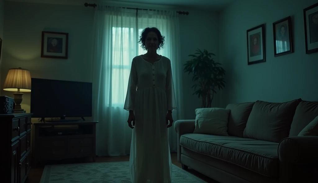 Character: An eerie, ghostly woman in her late 50s, with a pale, almost translucent complexion, wearing a plain, old-fashioned dress. She has a sinister smile on her face as she stands behind to Abhi. Abhi, in his early 30s, is dressed in casual nightwear, his face showing anger and tension as he looks at the woman.
Background: The living room of the flat, with modern furniture but an unsettling atmosphere. The light is dim, casting long shadows across the room. The ghostly woman’s shadow stretches unnaturally on the floor, almost touching Abhi’s feet.