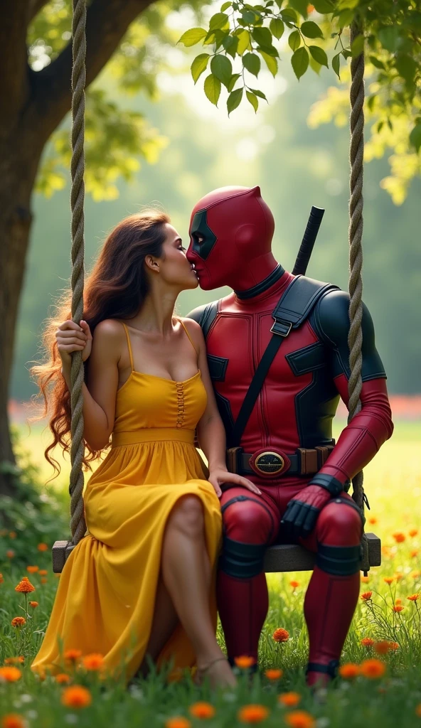 Give me a picture of Deadpool making love to a lady, sitting on a swing in a park