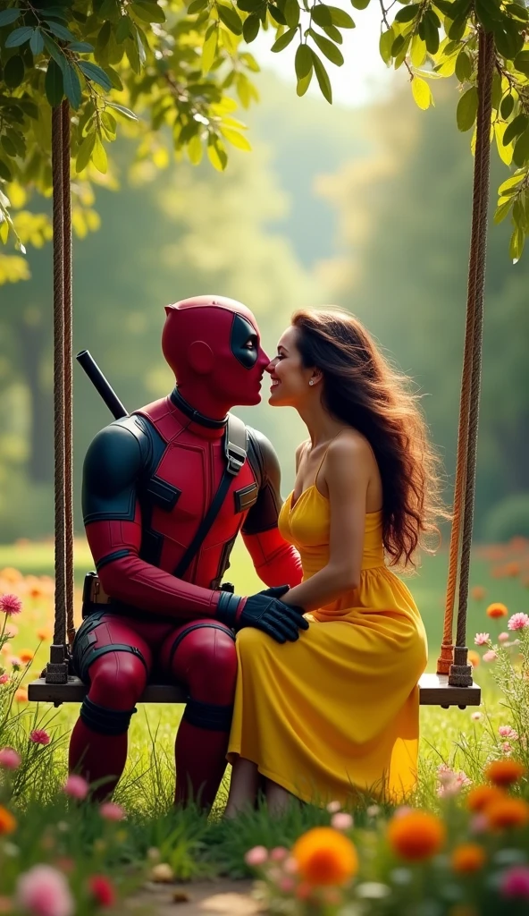 Give me a picture of Deadpool making love to a lady, sitting on a swing in a park