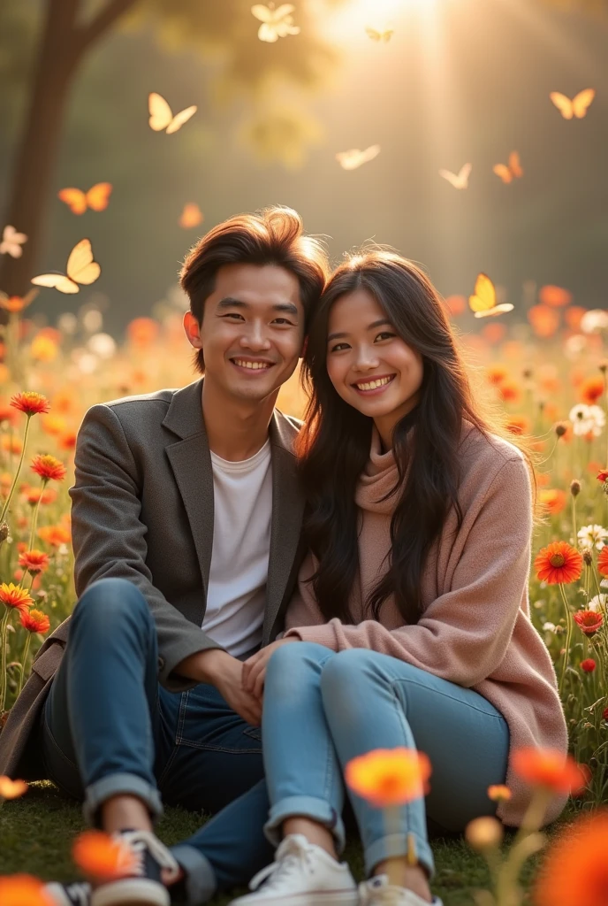 full body) Asian male couple with medium length mauve mullet haircut wearing a suit jacket and Asian female with long hair style, get dressed,short jeans,pashmina,sneakers) they are sitting hugging smiling,A face looking directly at the camera, surrounded by a garden and flowers,Butterflies are flying around, capturing the romantic atmosphere with soft and romantic light reflections. It looks natural and authentic.. 35k resolution full HD., photo