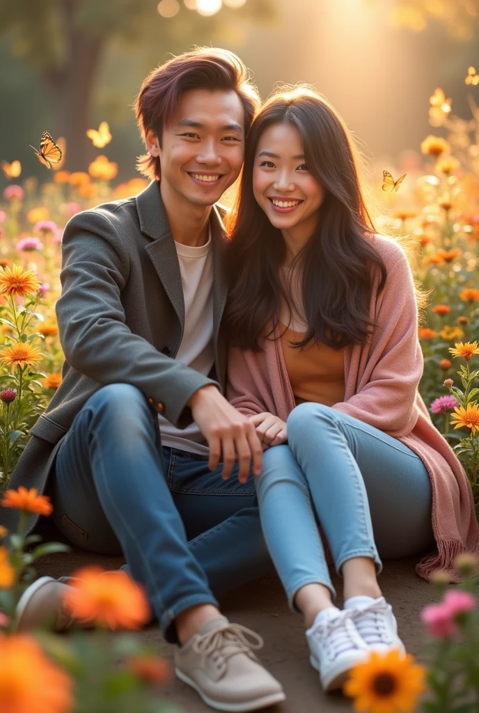 full body) Asian male couple with medium length mauve mullet haircut wearing a suit jacket and Asian female with long hair style, get dressed,short jeans,pashmina,sneakers) they are sitting hugging smiling,A face looking directly at the camera, surrounded by a garden and flowers,Butterflies are flying around, capturing the romantic atmosphere with soft and romantic light reflections. It looks natural and authentic.. 35k resolution full HD., photo