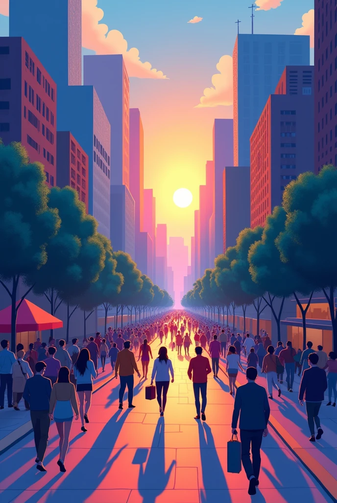 A bustling city. The sun begins to set behind buildings, Creating long shadows. People come and go, Immersed in their daily routines.In the animation , Can you make it a bit more cartoonish, like 2D animation, but with cool colors?