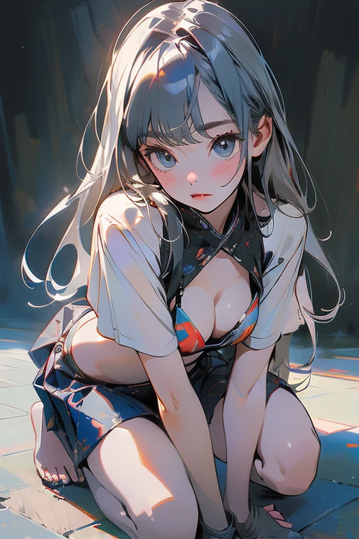 ((masterpiece)), ((Highest quality)), (Very detailed), (Kneel), One person, Long silver hair, blue eyes, Wearing a cute bikini, Tattered road, High resolution, Super sharp, ((Beautiful Eyes)),