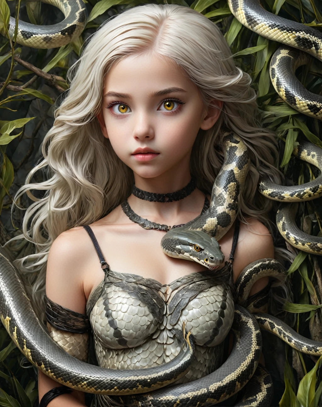 detailed portrait of a  girl with cobriso hair, thick and lustrous, snake-like yellow eyes, olive skin, pale skin, dark fantasy, surrounded by white snakes, masterpiece, illustration, photo-realistic, extremely detailed, cinematic lighting, dramatic, intricate details, vibrant colors, digital painting, concept art