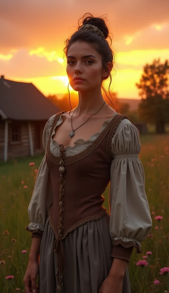 Gorgeous and sultry busty athletic (thin) brunette peasant with sharp facial features wearing a modest updo, medieval hair cover, rough-spun grey and brown medieval dress, long sleeves, wide neck, long dress, tight bodice, corset, Middle Ages, cottage, farm, exterior, trees, countryside, evening, sunset.