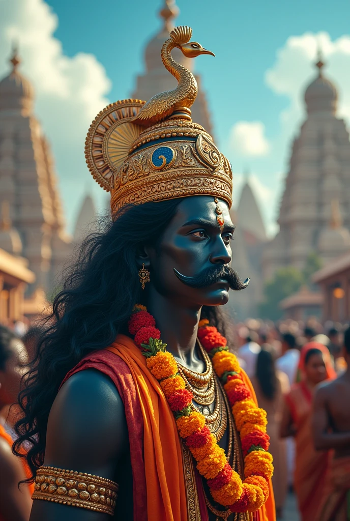 Murugan who is indian god with miisai and long black hair.he also have a black skin he also wear pattai on his forehead