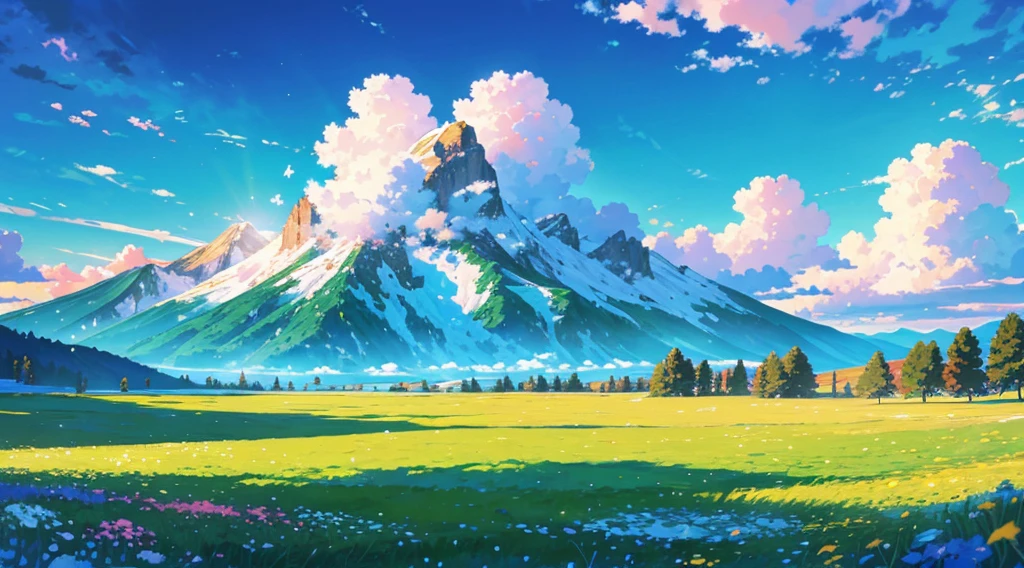 clear blue sky filled with soft white fluffy clouds reflects the warm hues of the sun , mountain have a snow,bright green meadows., The scene was calm., Multicolored flowers,oi's rays filter , Forging a warm, fiery nature,golden clouds, summer day, realistic, High quality images, 8k, Highly detailed, perfect precision, perfect composition, elegant and charming, Realistic style, Warm colors, soft shadow, Sharp details , HD quality , Higher lighting style, view under the tree look a mountains, in front of the beautiful blooming grassland, bright colors, good weather,Bright colors, beautiful blooming flowers, pink yellow orange blue white flower, looking at a mountain, very claiming