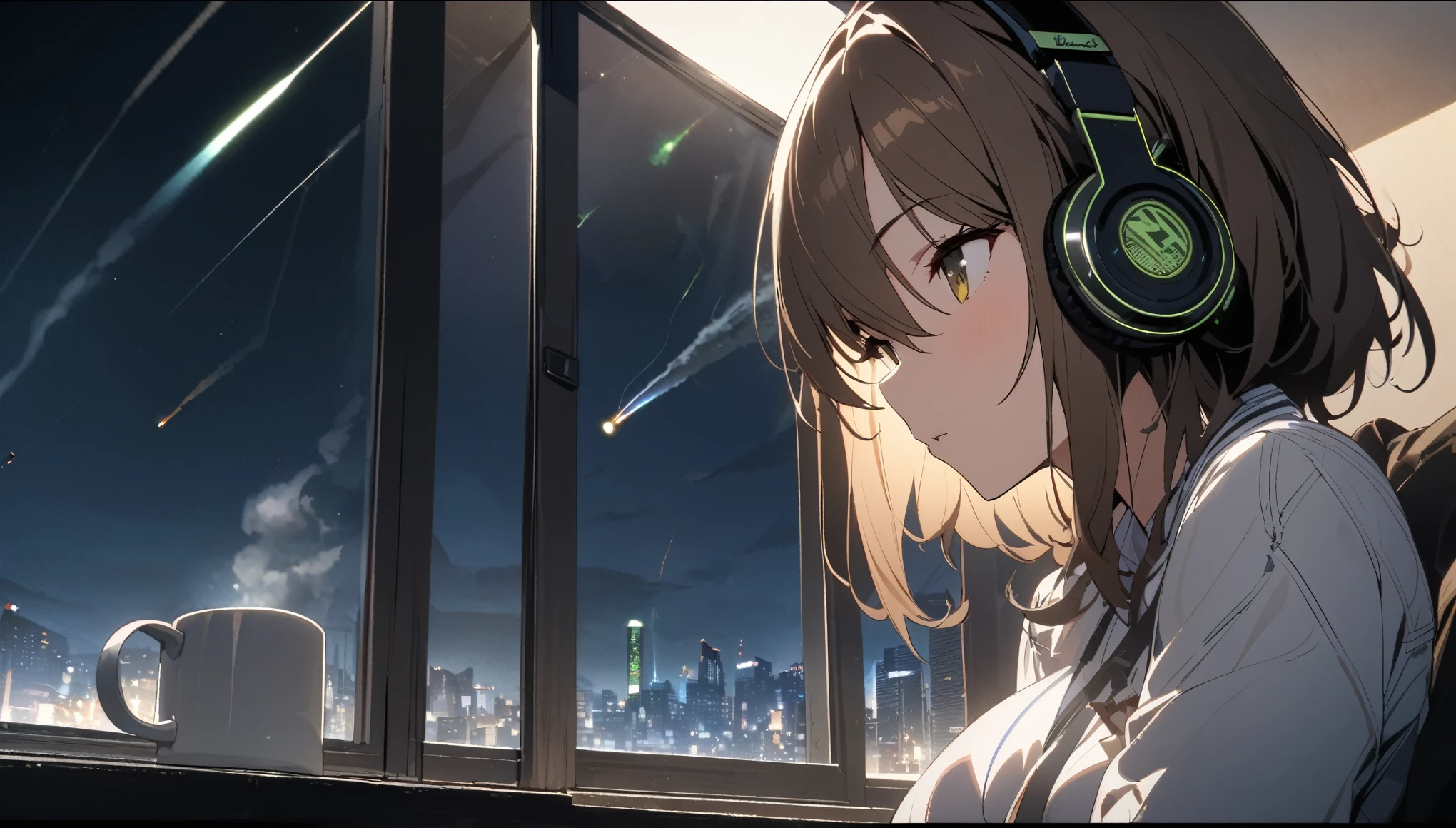 Ultra-high resolution, 8k, (masterpiece, mysterious:1.2), Works by Makoto Shinkaisei, Lo-fi feeling, Perfect human body engineering, 1 female, mysteriousな瞳, Her charm is her beautiful eyes, Shiny brown hair, Listening to music through headphones, Looking out the window, Room with musical instruments, city view from the window, impressive cityscape, Night Sky, meteor, Wide-angle, Coffee in a mug,