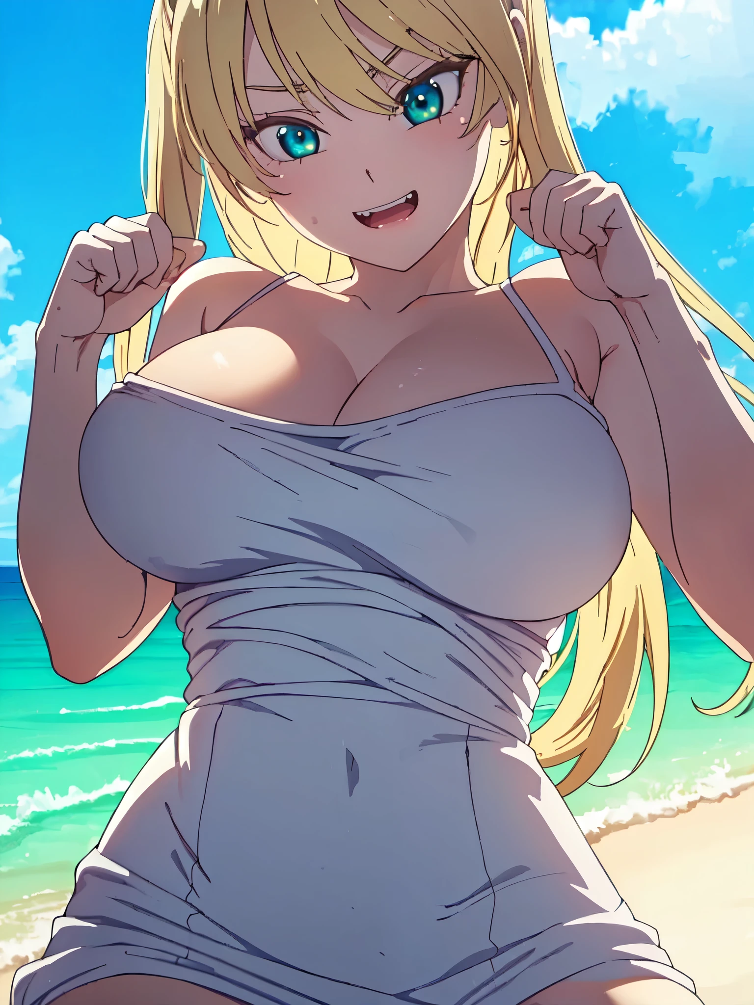 ((((masterpiece、Highest quality、High resolution)、anime)))、Blonde Hair、Big breasted beautiful、(Dynamic pose)、looking at the camera、(Beautiful detailed face、Beautiful big eyes)、((One beautiful person))、Good sensitivity、((Sexy pose))、((Embarrassed face))、Red cheeks、Wear a white dress、A refreshing smile、Walking on the sandy beach of a calm early morning coast.、To show one's canine teeth