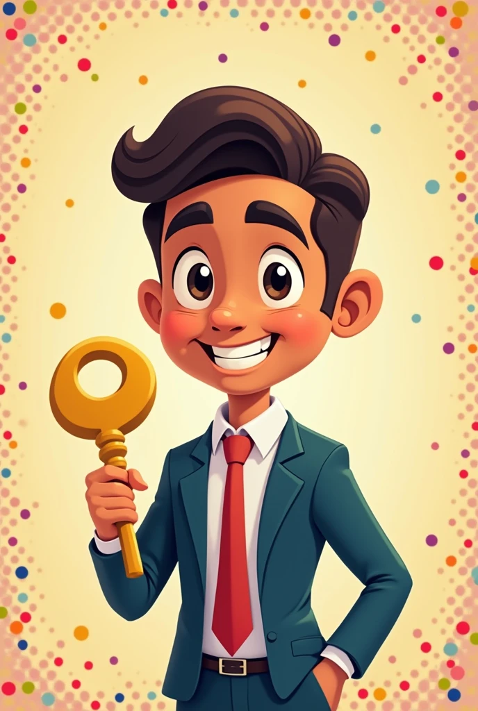 A cute cartoon real estate agent with Latin features, wearing a stylish suit and tie holding a giant key in front of a frame of small dots