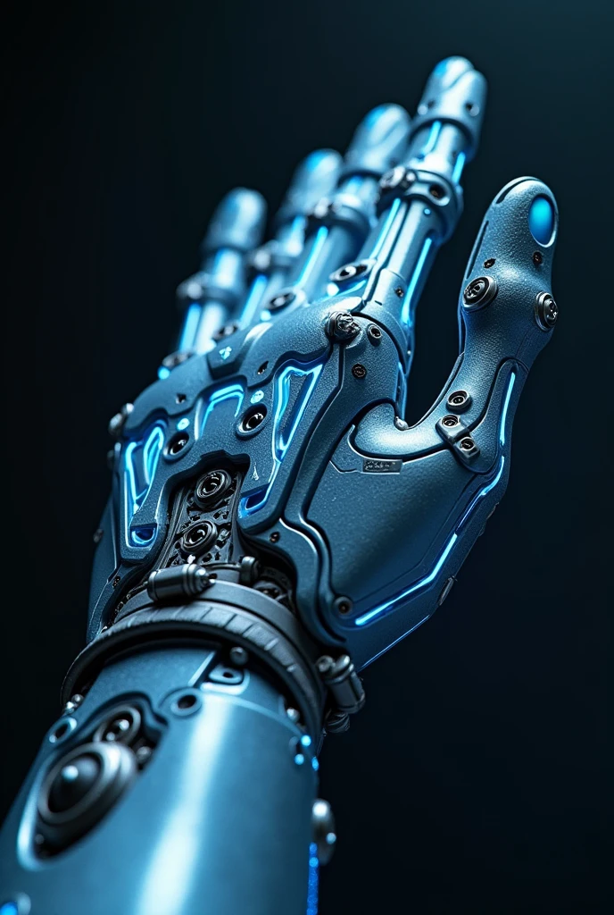 Closeup of a futuristic android hand, intricate mechanical details, cybernetic components, sleek design, metallic finish, glowing energy lines, exposed actuators, flexible joint mechanisms, high-tech sensors, transparent panels revealing inner workings, blue and silver color scheme, ultra-modern aesthetics, sharp focus, dramatic lighting, hyper-realistic textures, seamless integration of technology and biomimicry