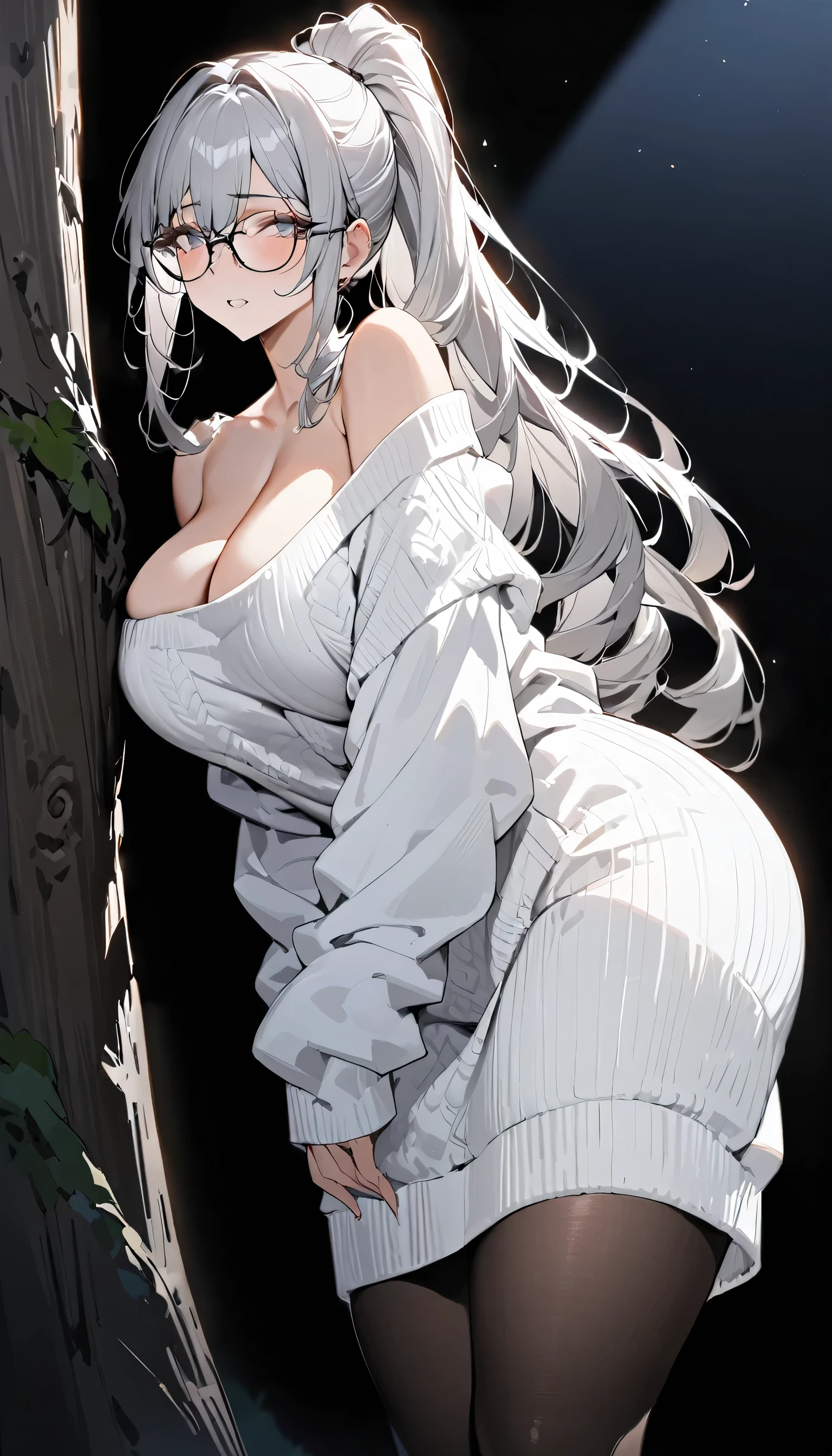  masterpiece, very high quality, High resolution, high quality, Mature Girls, Very long silver hair, High ponytail hairstyles, iris, Very large breasts, beautiful white sweater, Expose your shoulders, Glasses, White jacket, ((Front to bottom))，outdoor，Black robe covering the entire body，night，Pitch black background，No light source，Leaning against a tree，Black pantyhose